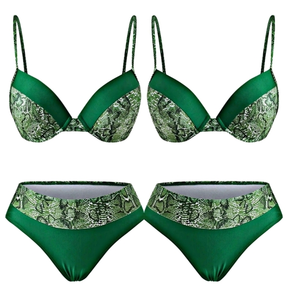 Snake Print Bikini Set – Green Colorblock, Adjustable Push-Up Top, Full Coverage - Picture 8 of 13